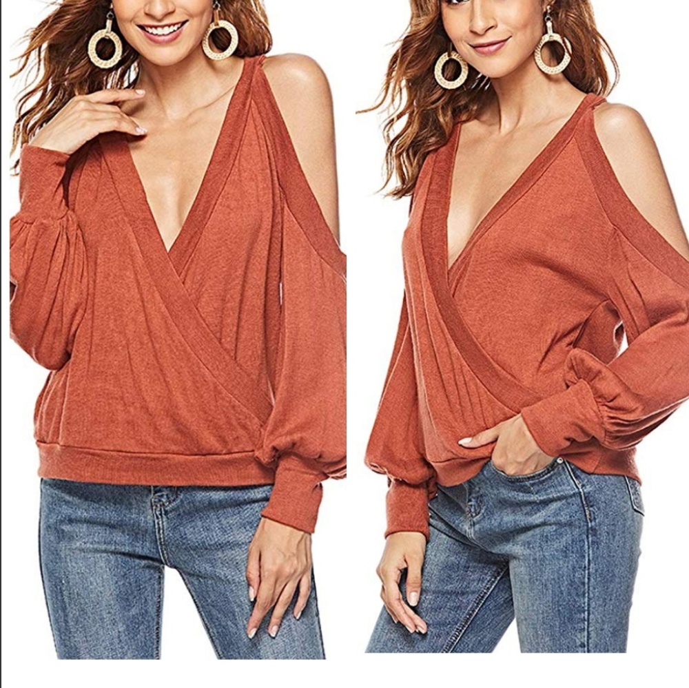 Rust red cold shoulder vneck wrap top
